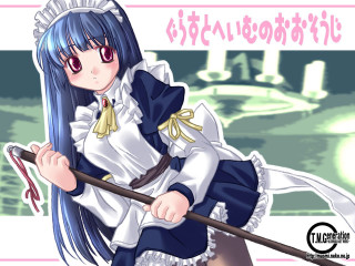 Bluehair girl whiteapron pinkbackground manga - a stick free wallpaper