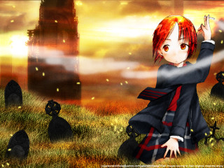 Red haired girl field clock - anime art style free wallpaper for desktop
