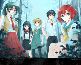 Forest schoolgirls nature bushes uniforms - serial art free wallpaper