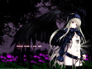 Anime girl white hair black 8 - black wing free wallpaper