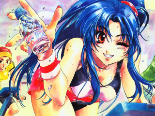 Bluehair bikinibottle girl retroartstyle manga1990s - her hand and a man in the background free wallpaper