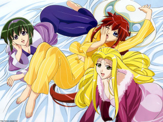 Three anime girls bed holding - a ball free wallpaper