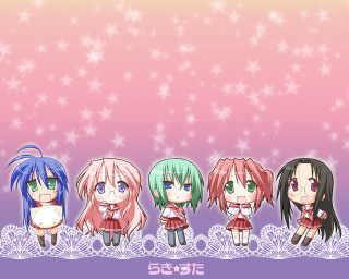 Five anime girls stars pink - a mosaic free wallpaper