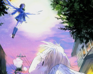 Flying girl tree building night - the air next free wallpaper