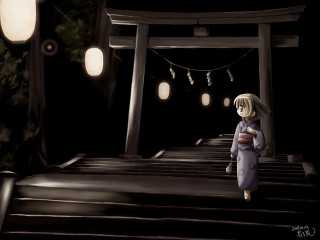 Woman lanterns night kimono moon - a dark street free wallpaper