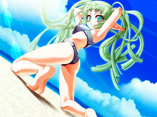 Green haired beach elf sky - free bikini wallpaper