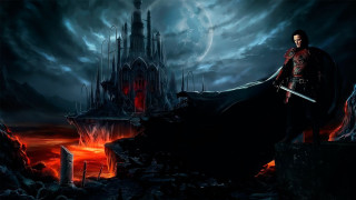 Man black cloak sword castle - a red glow free wallpaper