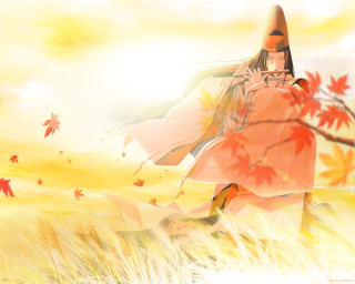 Woman red dress autumn leaves 2 - a tree in the background free wallpaper