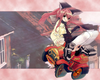 Girl motorcycle cat urban anime - her back and a cat free wallpaper