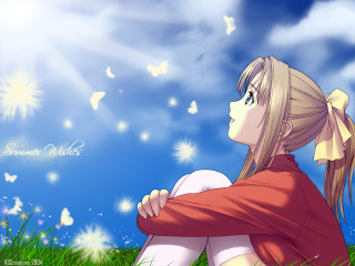 Girl butterflies sky grass anime - overhead free wallpaper