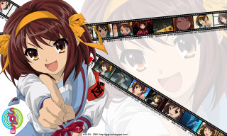 Girl pointing movie strip smile - anime visual free wallpaper