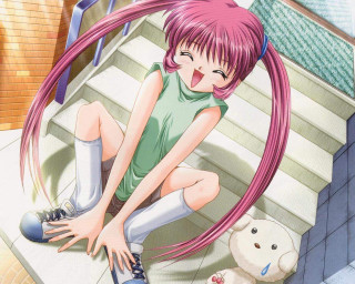 Girl pinkhair sitting dog rooftop - the step free wallpaper