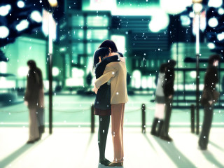Romantic snowy night anime couple - all free wallpaper
