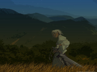 Woman sword field mountains night - alvan fisher free wallpaper