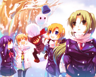 Anime girls snowman winter coat - a group of anime girls free wallpaper