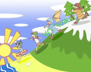 Cartoon group running hill sun - ski free wallpaper for desktop