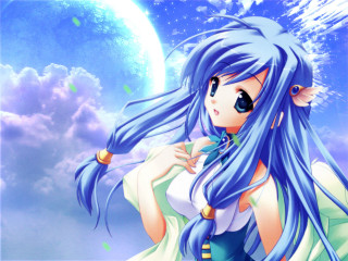 Blue haired anime girl fullmoon - a full moon free wallpaper