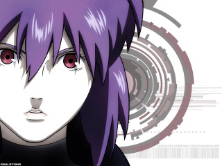Purple hair red eyes futuristic - ghost in the shell free wallpaper