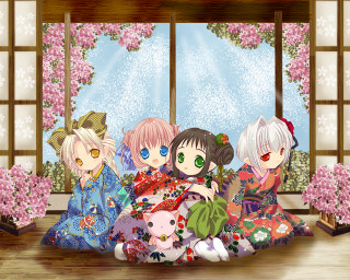 Anime girls kimono flower window - a bed in front free wallpaper