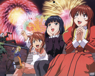 Fireworks girls bench reddress night - official free wallpaper