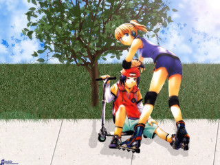 Woman scooter man anime forest - a scooter free wallpaper