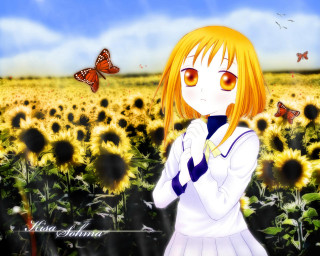Girl sunflower field butterflies anime - above her head free wallpaper