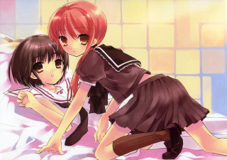 Anime girls bed pink room - top of a bed together free wallpaper