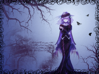 Gothic woman purple dress butterfly - a foggy sky free wallpaper for desktop