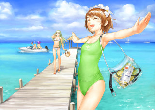 Woman green swimsuit dock beer - a beer free wallpaper
