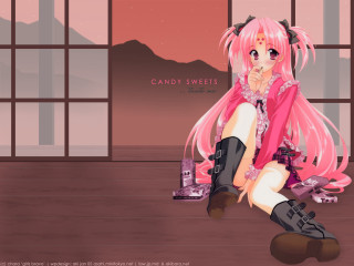 Pink hair girl sitting cameras - her hand and a camera free wallpaper