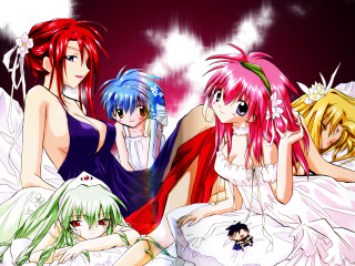 Three anime girls blowing hair 2 - their hair free wallpaper