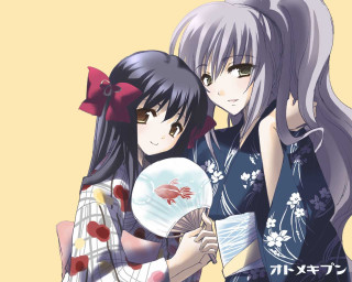 Two girls fishbowl fan yellow - two girl free wallpaper