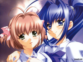 Bluehair bluesky animegirls schooluniform twinbraids - a purple sky in the background free wallpaper