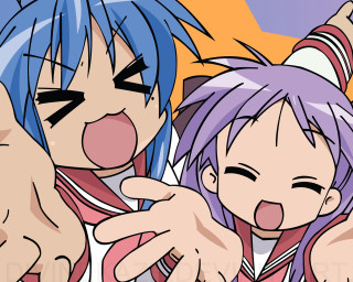 Anime characters pointing faces orange - their hand together free wallpaper