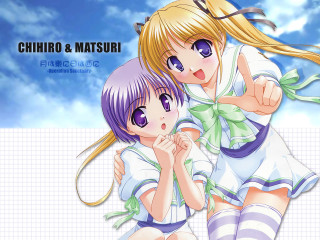 Chihiro matsuri anime girls hug - a sky background behind them free wallpaper