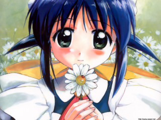 Blue haired girl flower smiling - anime art free wallpaper for desktop