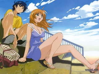 Couple sitting beach sky clouds - a ledge free wallpaper for desktop