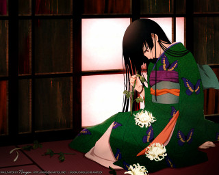 Woman green kimono flower sitting - a floor next free wallpaper