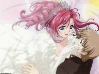 Anime couple wedding dress veil - a pink background behind them free wallpaper