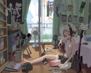 Aya goda anime cyberpunk cat - her lap and a cat free wallpaper