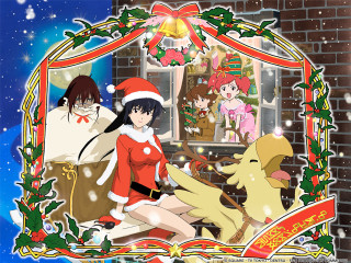 Anime girls christmas bench dog - a dog and a cat free wallpaper