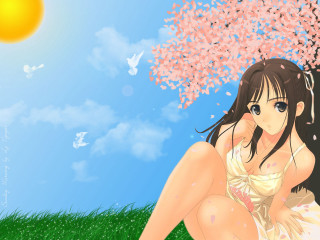 Girl pinkflowers tree blue sky - pink flower free wallpaper for desktop