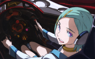 Blue hair woman driving car - steering free wallpaper