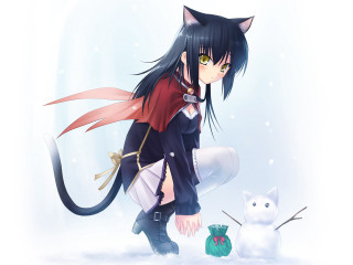 Anime girl cat snow kemonomimi - computer art free wallpaper for desktop
