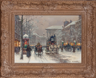 Snowy city street carriage boys - thomas kindkade free wallpaper