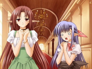 Two anime girls hallway green - a hallway free wallpaper