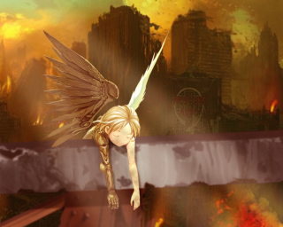 Angel girl flying over burning - over a city free wallpaper