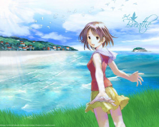 Girl ocean grass bird sky - kyoto animation free wallpaper for desktop