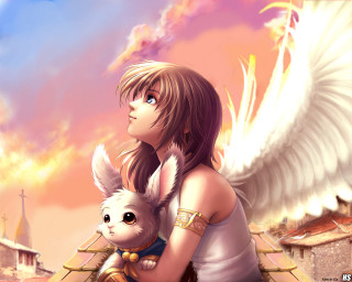 Angel woman white dog cityscape - angel free wallpaper
