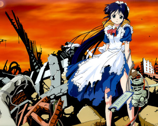 Anime girl dress junk machinery - a city setting free wallpaper